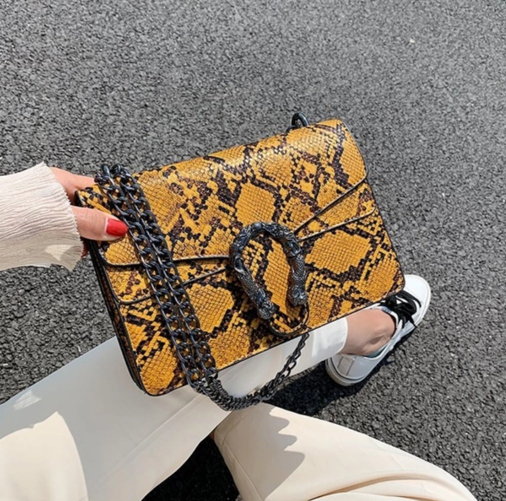 Penelope faux snakeskin fashion black chain shoulder crossbody handbags